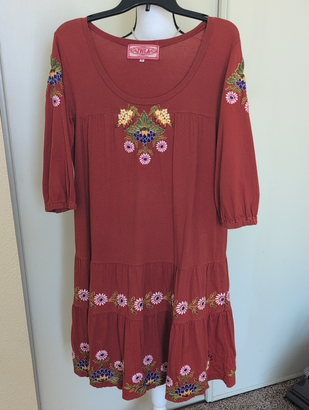 Johnny Waz LA Rust Embroidered Tiered Dress